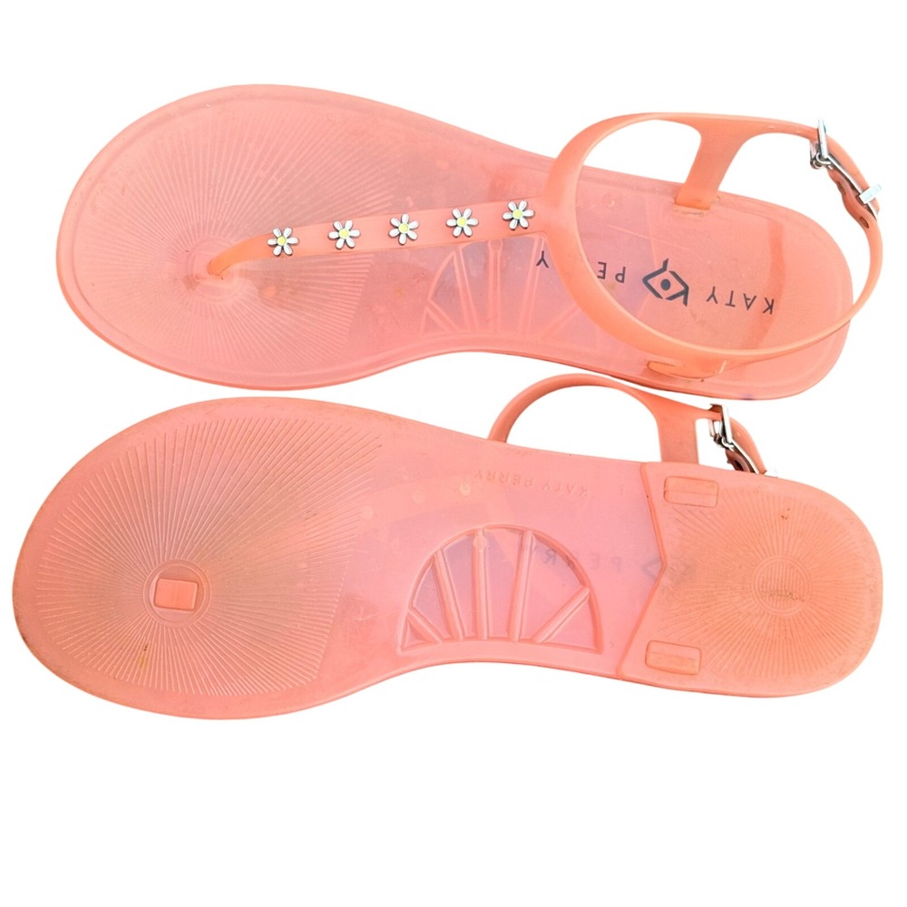 Katy Perry Geli Daisy Jelly Sandals Coral Orange T-Strap Flat Shoes EUC Womens 9 - Picture 2 of 3